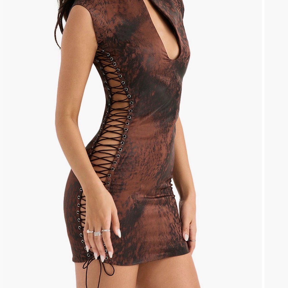 House of CB Brown Tie-Dye Lace-Up Side Mini Dress